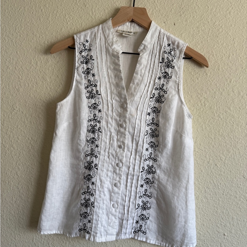 Susan Bristol White Blouse with Black Embroidery-Size S